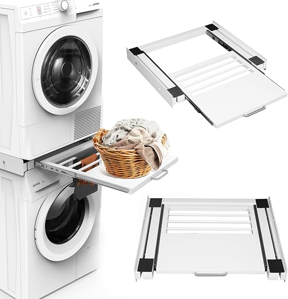 Washer Dryer Stacking Kit 24"/25", Stacking Kit for Stackable Washer and Dryer Combo with Pull Out Drying Shelf, Stainless Steel Adjustable Washer Stacking Bracket with Ratchet Strap