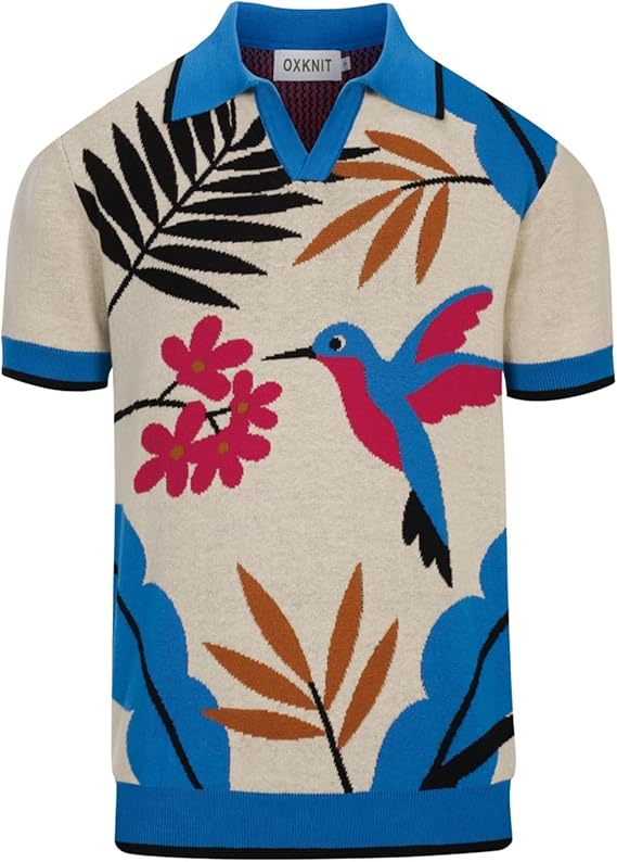 OXKNIT Men's Knit Short Sleeve Shirts Vintage Bird and Plants Pattern Knitted Polo Shirt Blue and Beige V-Neck Polo