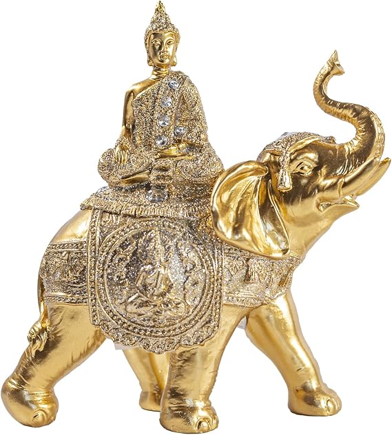 Gold Buddha on Elephant Statue, Decorative Figurine with Silver Glitter Accents, 7.48 x 7.09 x 3.15 Inches