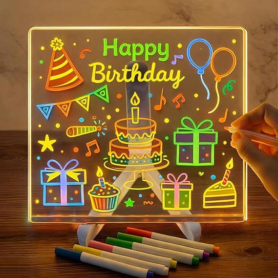 Kids LED Acrylic Glow Doodle Drawing Board, 7.88x7.88 Inch Dry Erase Pad | Illuminated Drawing Board with Stand & Markers, Gifts for Kids, Multifunctional for Home, Office & School Daily Note Writing