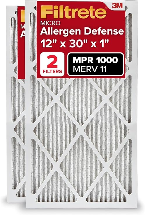 Filtrete 12x30x1 AC Furnace Air Filter, MERV 11, MPR 1000, Micro Allergen Defense, 3-Month Pleated 1-Inch Electrostatic Air Cleaning Filter, 2 Pack (Actual Size 11.81 x 29.81 x 0.81 in)
