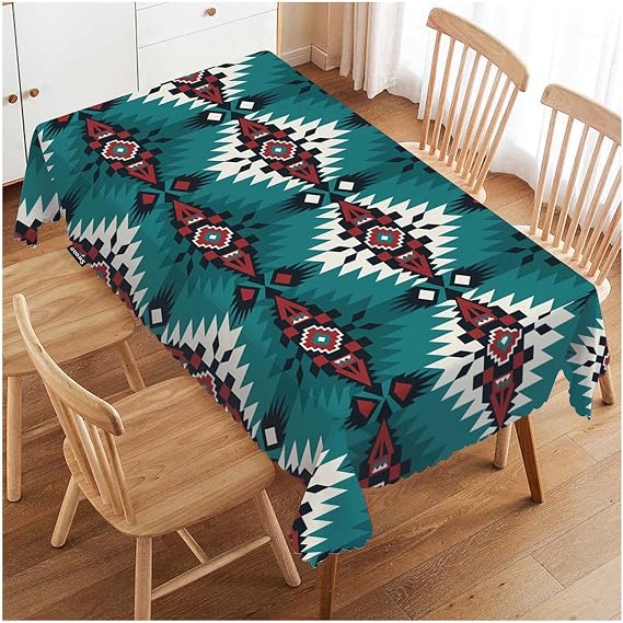 Swono Aztec Pattern Tablecloth Ethnic Native Style Boho Geometric Green Decorative Table Cover for Kitchen, Party Banquet and Holiday Tablecloth, 52x70 Inch(4-6 Seats)
