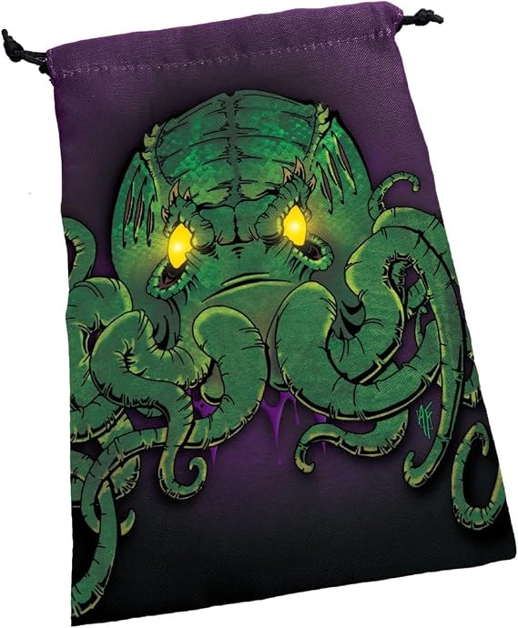 Deluxe Dice Bag: Cthulhu | Large Drawstring Bag 6 x 9 | Printed Fabric | Holds over 100 Dice | Includes One Custom Die | RPG | Roleplaying Game Bag | Tabletop Adventure | From Steve Jackson Games