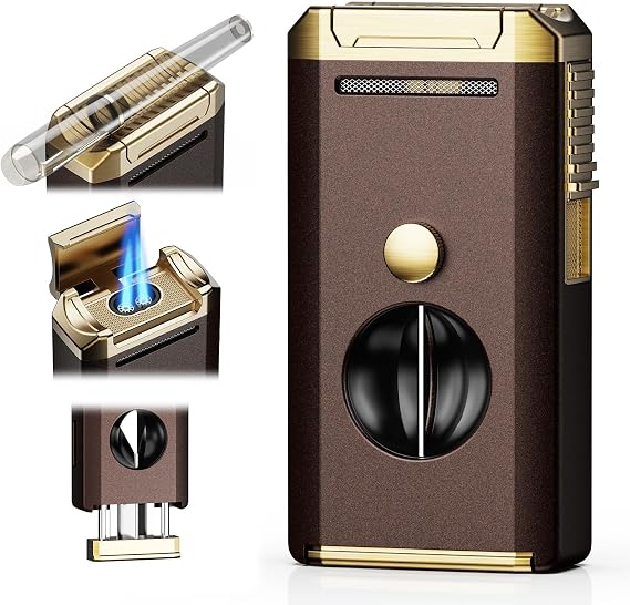 All-in-one Torch Lighter with Holder, Pop Out Cutter, and Dual Jet Flame, Gifts for Men, Multi-Functional Lighter Accessories, Adjustable & Windproof Flame, Refillable Butane Lighter for Travel