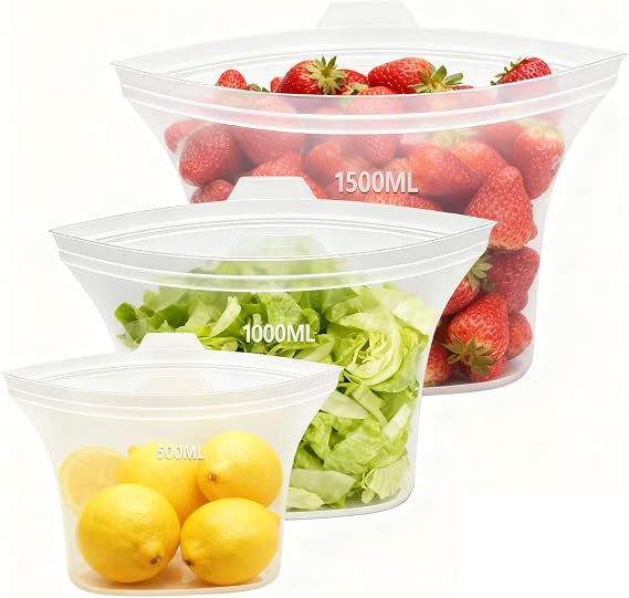Reusable Silicone Food Storage Bags, 3-Pack Leakproof BPA-Free Freezer Bags