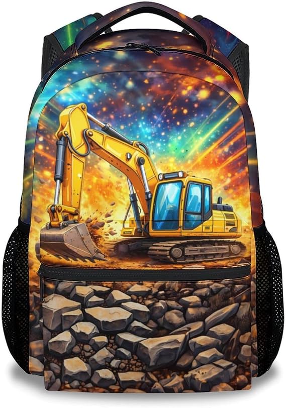 Boys Backpack Construction School Bookbag - Excavator Theme Kids Backpacks for Elementary Kindergarten, Lightweight Truck Daypack (17 Inch)