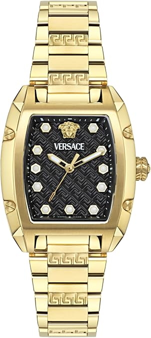 Versace Dominus Collection Luxury Womens Watch Timepieces with a Gold Bracelet and Case Featuring a Black Dial
