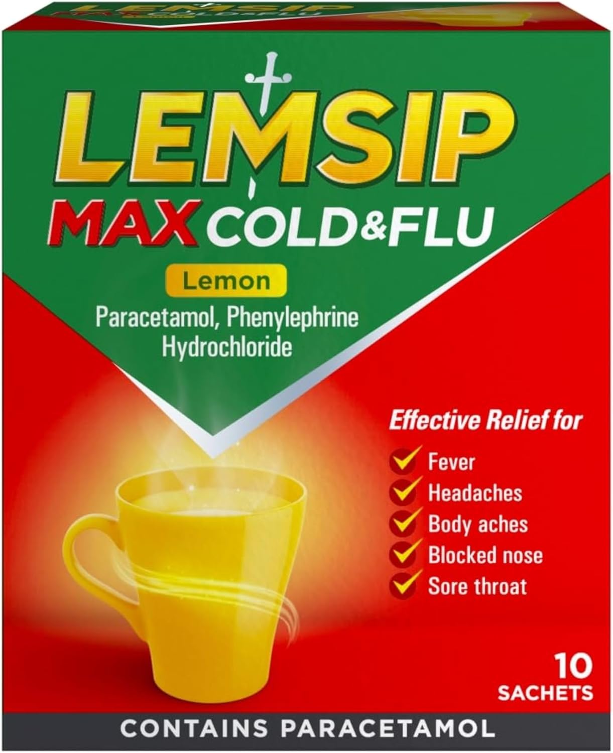 Lemsip Max Cold and Flu, Lemon, 10 Sachets, Paracetamol, Cold and Flu, Headache Relief, Sore Throat Relief, Nasal Congestion Relief, Max Strength, Fast-Acting, Cold and Flu, Medication