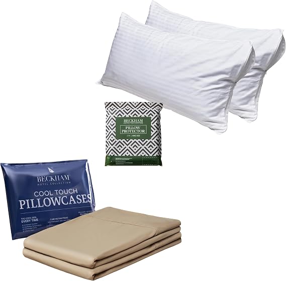 Beckham Hotel Collection King Size Pillow Protectors & Cooling Pillowcases - Set of 2, Sand