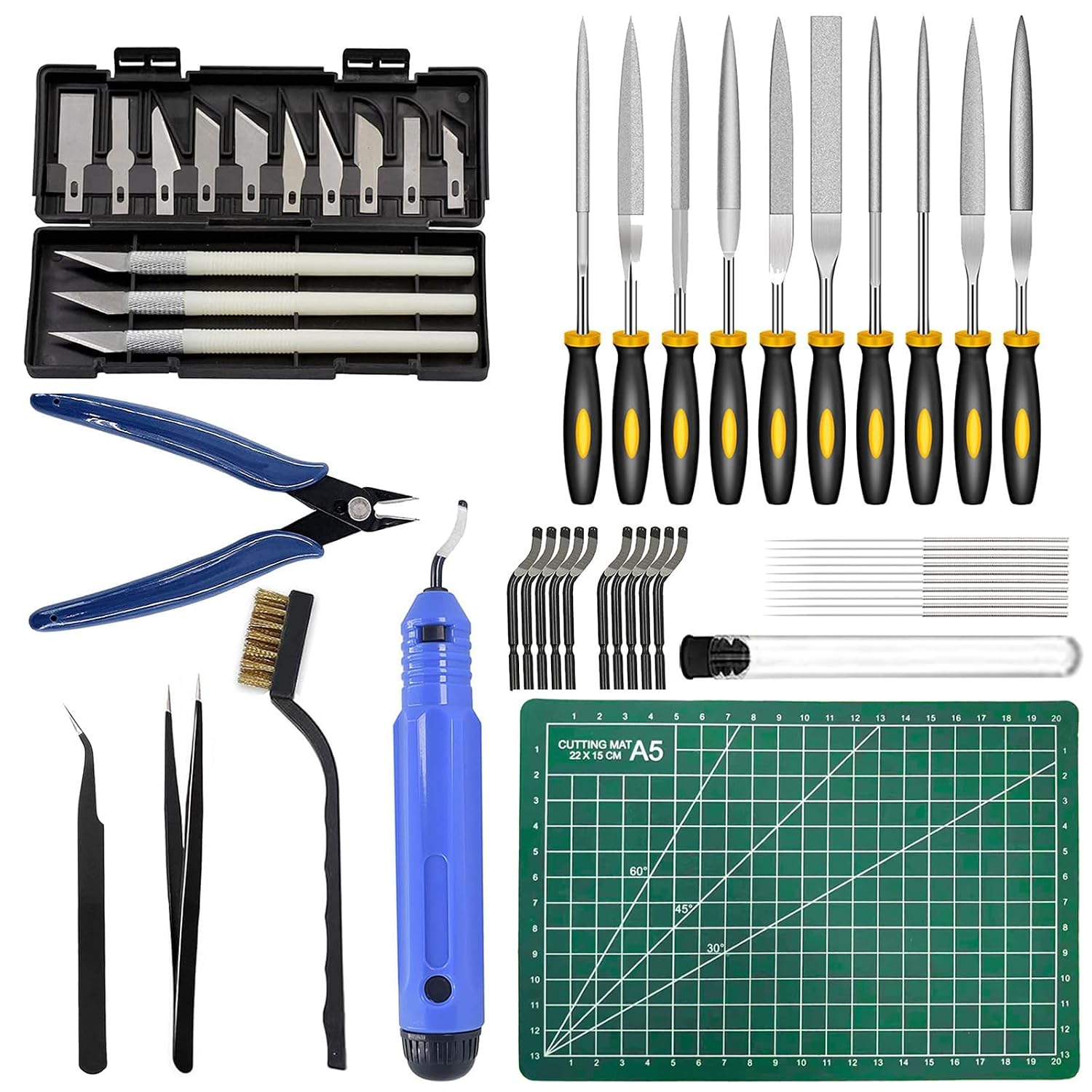 49Pcs 3D Printer Accessories Kit, 3D Printing Tools Set Includes Nozzle Cleaning Kit, Deburring Tools, Needle Files, Removal Tools, Craft Knife, Tweezers, Cutting Mat for 3D Prints Finishing
