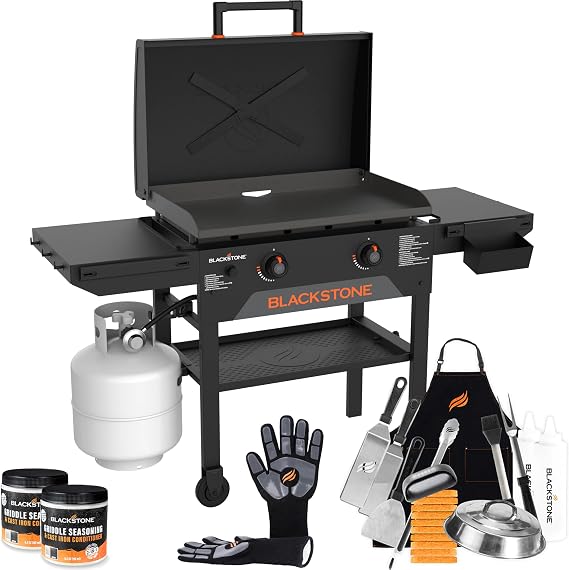 Blackstone 28" Omnivore Griddle with Hood and Side Shelves, Flat Top Outdoor Grill with Accessories, Seasoning, and Griddle Gloves