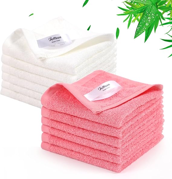 JEFFSUN Baby Washcloths 12 Pack,Super Soft Face Towels,10''x10'',White+Pink | 100% Viscose,Gently Wash Face and Body,Skin Friendly,Easy Rinsed,Hanging Loop,Quick Dry,Newborn Kid Toddler Bath Shower Gifts