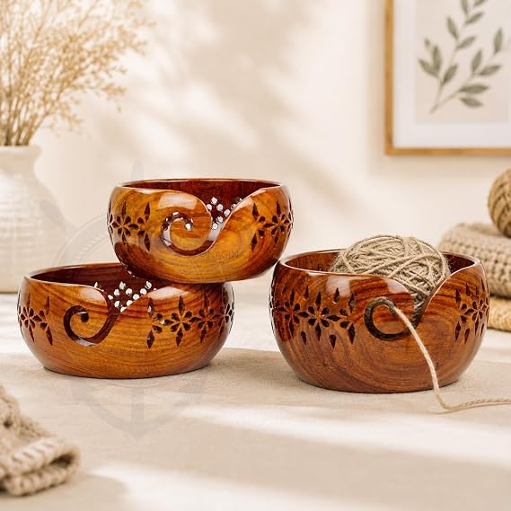 Nagina International Rosewood Crafted Wooden Yarn Storage Bowl With Carved Holes & Drills | Knitting Crochet Accessories (Set)