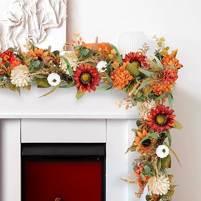 NUPTIO Fall Leaves Garland with Pumpkin: 6ft Fall Decor for Door Mantle Fireplace Party Dining Table - Autumn Artificial Sunflower Daisy Garlands for Thanksgiving Harvest