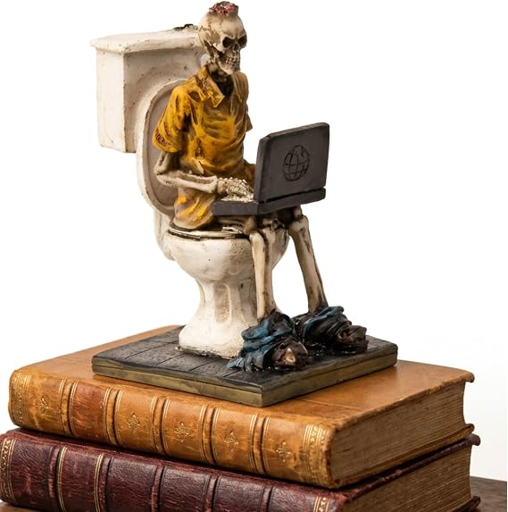 Bellaa Skeletons Statue Skull Cool Funny Geek Nerd 26706 | Eccentric Figurine, Workaholic Human with Laptop Toilet Pooping Crazy Weird Desk Bookshelf Decor Collectible