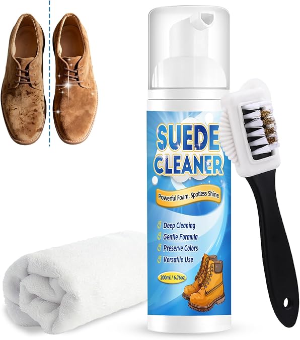 Yeardera Suede Cleaner Kit, 6.76oz No-Rinse Suede and Nubuck Shoe Cleaner with Brush & Towel, Removes Dirt and Stains