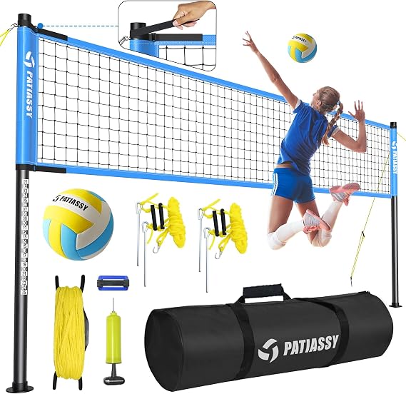 32‘ x 3’ Professional Volleyball Net and Ball Set System for Outdoor Beach, Backyard, Garden with Adjustable Height Steel Poles, Strong Nylon Net, PU Volleyball and Carrying Bag