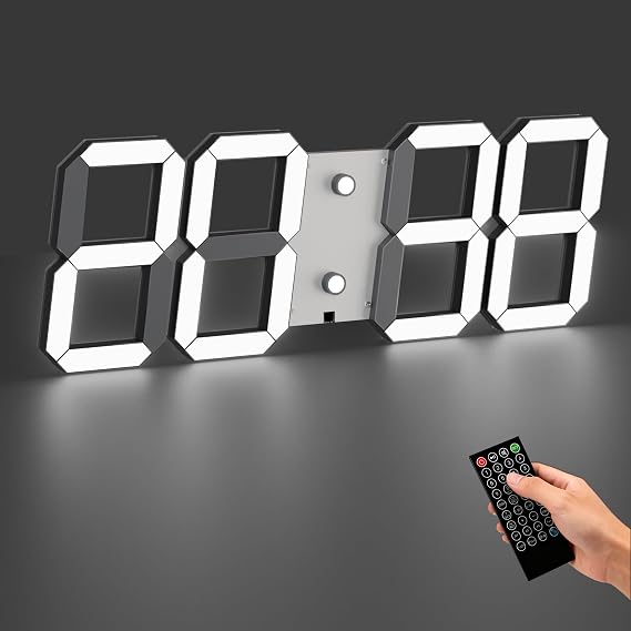 CHKOSDA 17 Inch 3D LED Digital Wall Clock with Remote Control - White