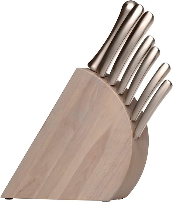 Berghoff Concavo 8Pc Knife Block Set,Stainless Steel Knives,Wood Block | Hand Sharpened Chef, Bread, Utility & Paring Knives, Ergonomic Curved Handles, Wood Storage Block & Sharpener for Cooking