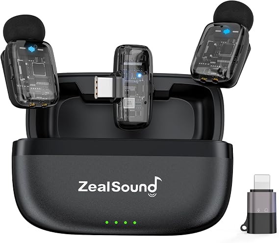 ZealSound Mini Wireless Lavalier Microphone for iPhone iPad Android, Dual Channel Wireless Microphones with Noise Cancellation, Mute & Volume Control, 33H Battery Case, USB-C & Lightning Plug & Play