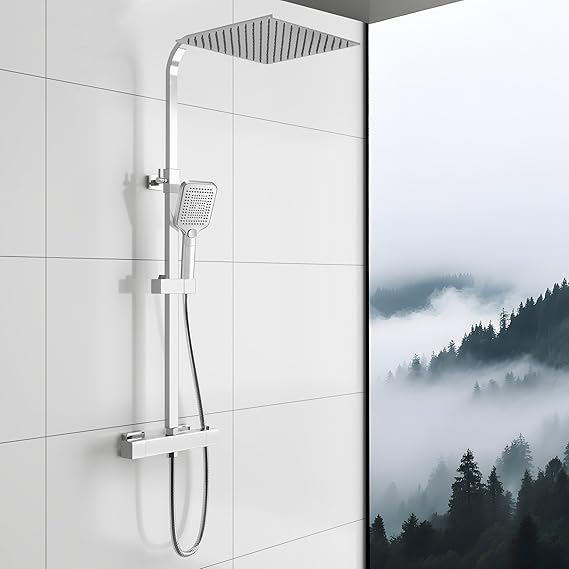Sky Bathroom Thermostatic Bar Shower Mixer Set with 12" Rainfall & 3-Mode Handheld – Wall Mounted Shower System with Sliding Riser Rail – Chrome