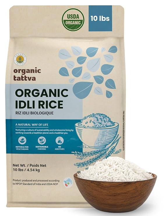 Organic Tattva White Idli Rice, 10 lb Bag, Short Grain Rice, USDA Certified