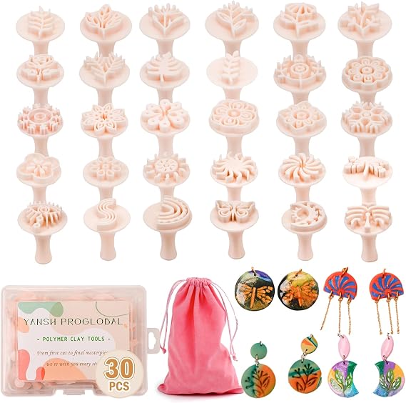 30 Pcs Polymer Clay Stamps Set, Boho Mandala Floral Leaf Patterns | Storage Box & Pouch, Easy-Grip Handles, Crisp Imprints, For Polymer Clay, Ceramic Clay & Pottery Stamps, Cookie Crafts