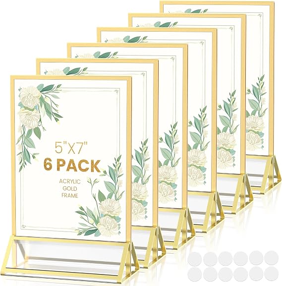 6 Pack Acrylic Sign Holder 5X7 Double-Sided Gold Frames
