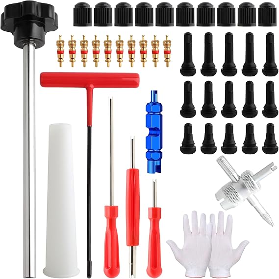 45 PCS Valve Stem Core Removal Replacement Tool Kit, Tire Valve Stem Removal Tool and TR412, TR413, TR414 Tire Snap in Short Rubber Valve Stem, 4 Way Valve Core Remover