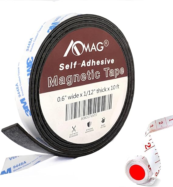 Magnetic Tape Roll,(10 ft Long x 0.6" Wide x 0.08" Thick) Magnet Tape with 3M Strong Adhesive Backing,Flexible Magnetic Strips for Classroom Projects, Crafts, Whiteboards and Fridge Organization