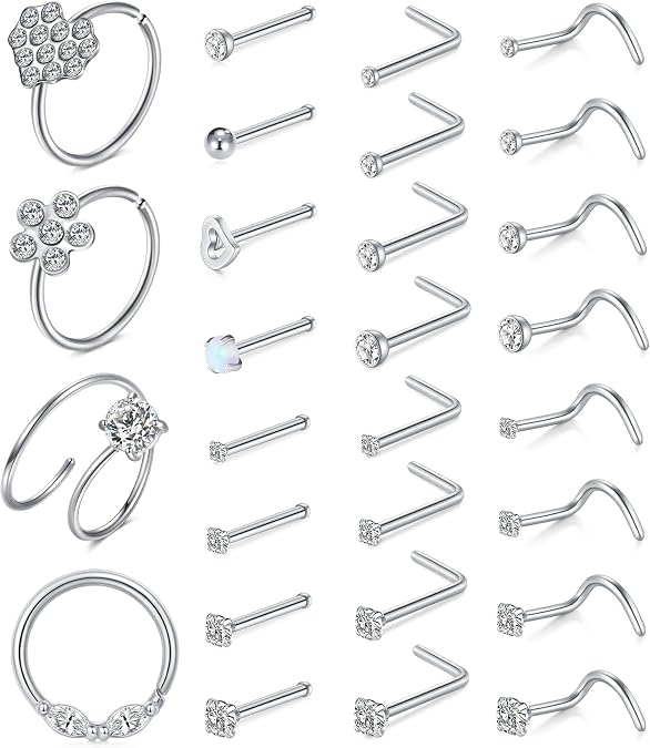 Mayhoop 20G Stainless Steel Nose Rings Nose Studs L Shape Nose Rings Studs Nose Screw Bone Diamond Corkscrew Nose Ring Nostril Nose Piercing Jewelry