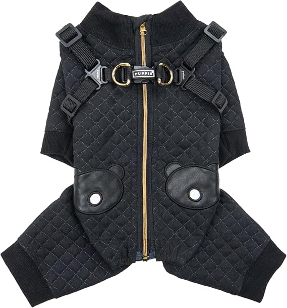 Puppia Quilo Warm Cute Winter Jumpsuit with Integrated Harness for Small and Medium Dogs, Black, Medium