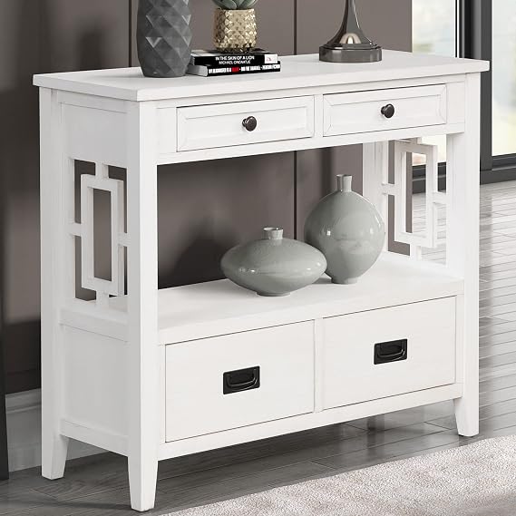 Console Table Farmhouse Entryway Table with 4 Drawers and Storage Shelf Wood Entry Sofa Table Sideboard Cabinet for Living Room Kitchen Dining Room, Antique White