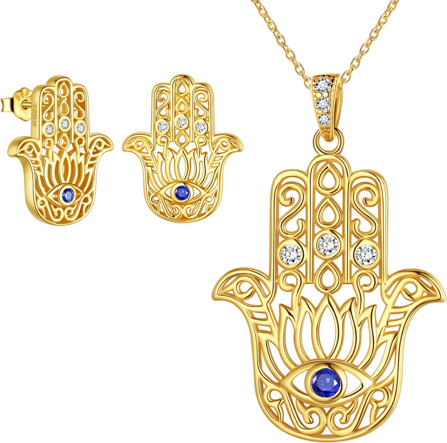 Evil Eye Hamsa Hand of Fatima Lotus Yoga Buddha RingEarringsPendant Necklace 925 Sterling Silver18K GoldRose Gold Plated Third Eye White Blue CZ Womens Pendant Necklace Ring Stud Good Luck Jewelry