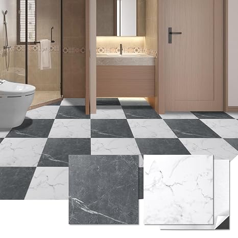 Art3d 10-Pack Peel and Stick Vinyl Floor Tiles, Black & White Marble