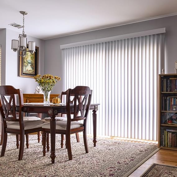 Vertical Blinds for Patio & Sliding Glass Door - 78" inches Width x 84" inches Height - Curved White - Room Darkening PVC for Privacy - Cordless Wand Control to Rotate slats and Pull to Either Side