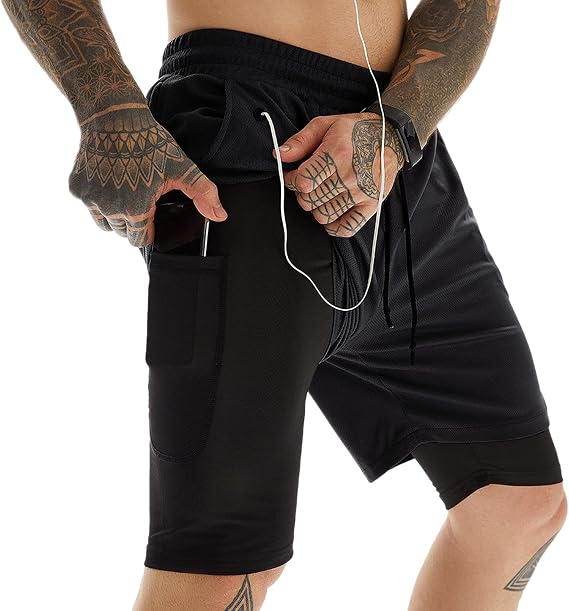 Cicilin Men's 2-in-1 Running Shorts Quick Dry with Inner Compression Breathable