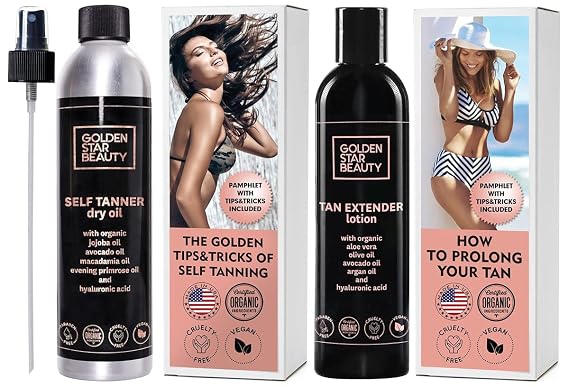 Self Tanner Oil & Tan Extender Lotion with Hyaluronic Acid and Organic Oils - Create and Extend Beautiful Sunless Tan