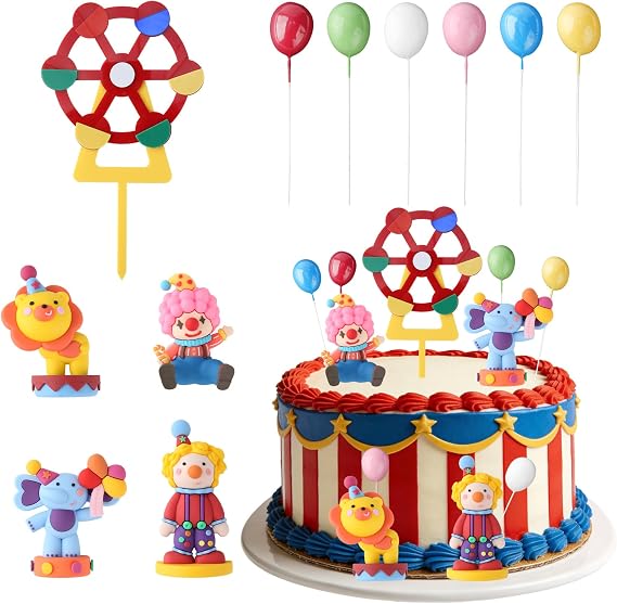 Circus Cake Topper - 11PCS 3D Circus Cake Decorations with Ferris Wheel, Balls, Clown and Elephant Figurines, Carnival Cupcake Topper Clown for Birthday Baby Shower Supplies, Animals Birthday Decor