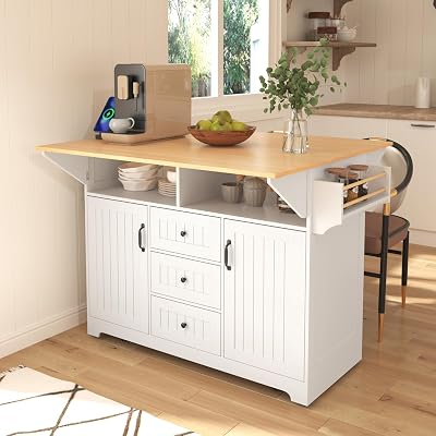 Merax 55.7 Upgraded Large Kitchen Cart Island on Wheels with 2 Drop Leaf,Power Outlet,3 Drawers,Wood Storage Cabinet
