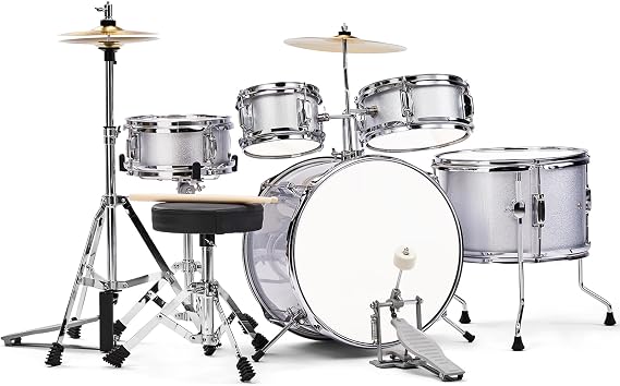 5-Piece Drum Set for Kids, 14-Inch Kids Beginner Junior Drum Set with Cymbals, Pedal, Stool, Screw Wrench,Two Pairs of Drumsticks Silver