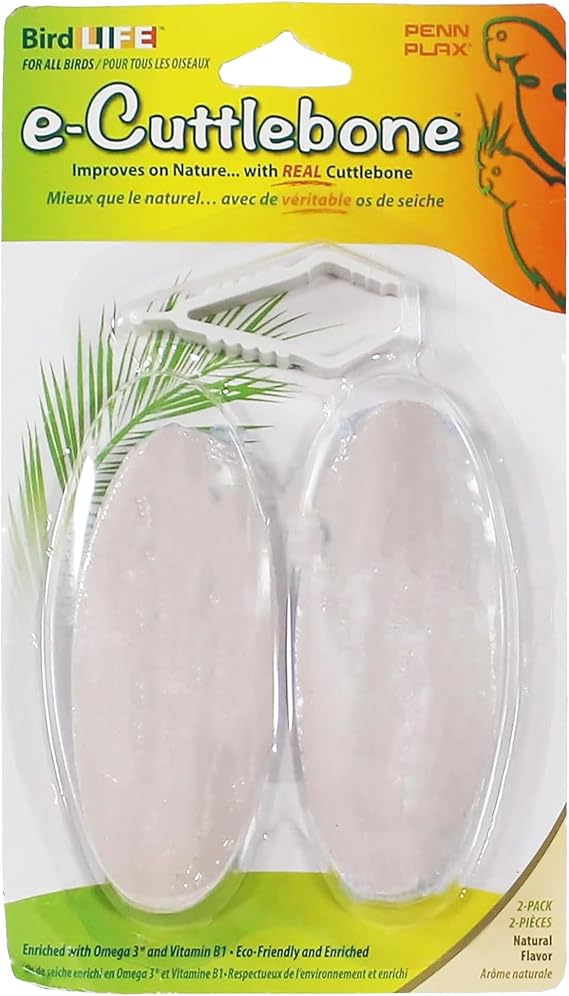 Penn-Plax Bird-Life E-Cuttlebone Natural, 1 Pack (2 Counts) - Durable, Less Brittle Cuttlebones Enriched with Omega 3, Honey & Vitamin B1 - Easy Mounting, Cage Clip - Great for All Bird Sizes - White