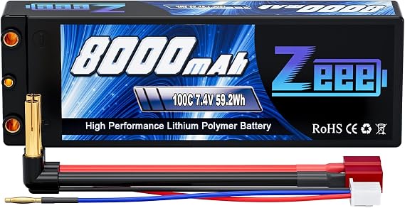 Zeee 2S 8000mAh Lipo Battery 7.4V 100C with 4mm Bullet T Plug | Hard Case Lipo Battery for 1/8 1/10 RC Car Model Slash Buggy Team Associated