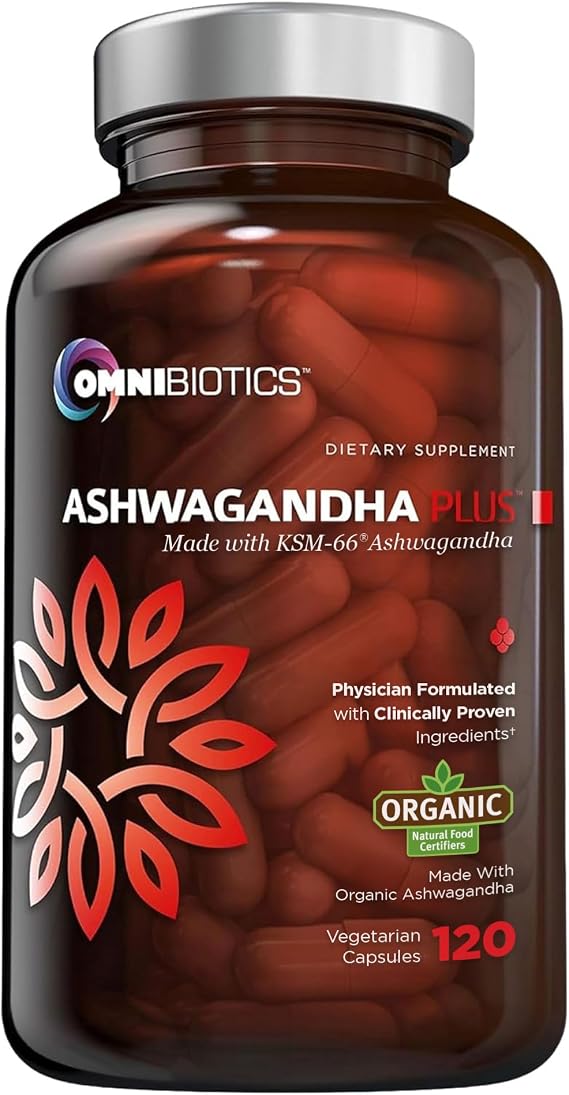 OmniBiotics Organic Ashwagandha Supplement 1300mg Total Strength 900mg Organic Root Powder & 400mg KSM-66 Extract Stress Relief, Mood & Sleep Support Non-GMO 120 Vegan Capsules