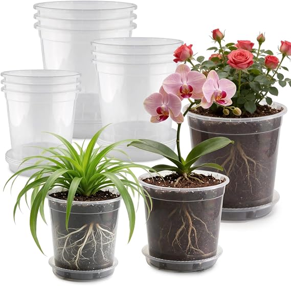BTPLASTIK 0.5/1/2.5/3.5 Gallon Clear Nursery Pots with Saucers 4 Size Set 12P, Round Plastic Plant Pots with Drainage Holes