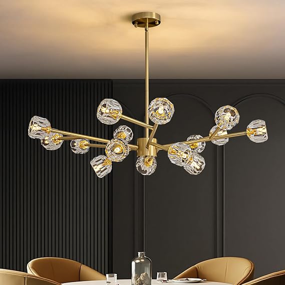 Mid Century Modern Gold Sputnik Chandeliers for Dining Room Light Fixture, 15-Light Crystal Chandelier for Living Room Kitchen Island Bedroom, Dia 39.4"