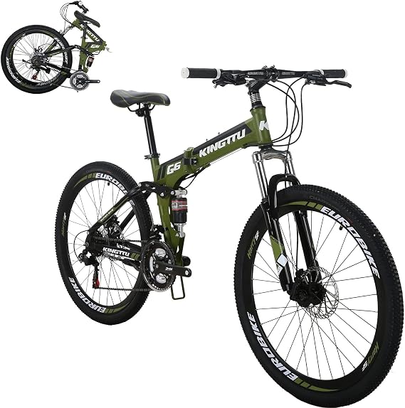 EUROBIKE 26 Mountain Bike,Full Suspension Folding Mountain Bike,21 Speed Foldable Bicycle Men or Women MTB for Afult...(G6 ArmyGreen)