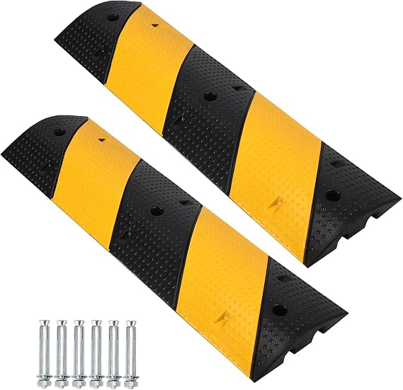 3.3 Ft Speed Bump 2 Pack Modular Rubber Speed Bump for Road Driveway | 2.4 Inch High Speed Humps 25000 LBS Capacity, 2 Channel Cable Protector Ramps with 6 Bolt Spikes for Asphalt Concrete Grave
