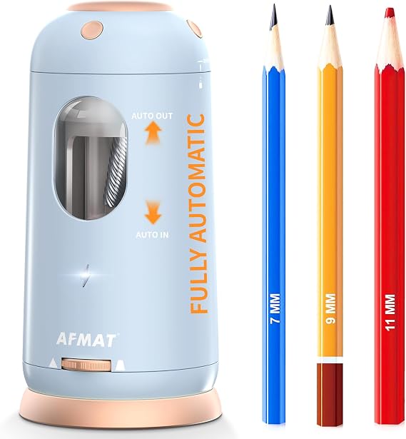 AFMAT Electric Pencil Sharpener, Auto in & Out, Fully Automatic Pencil Sharpener, Rechargeable Hands-Free Sharpeners for Jumbo & Colored Pencils (7-11.5mm), Good for Classroom/Home PSC8(Light Blue)
