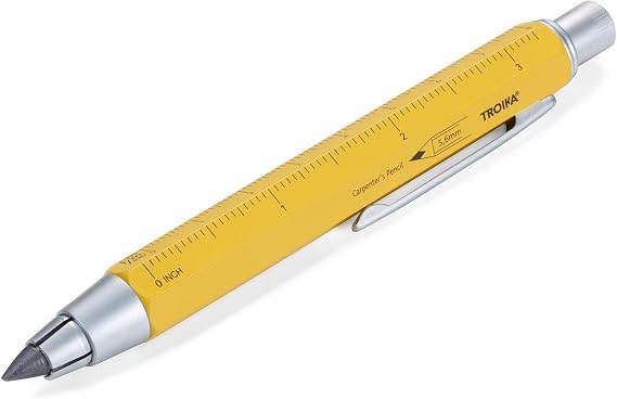 TROIKA ZIMMERMANN 5,6 PEN56/YE Carpenter's pencil clutch pencil (5.6 mm HB lead) centimetre/inch ruler 1:20 m/1:50 m scale brass laquered yellow TROIKA-original